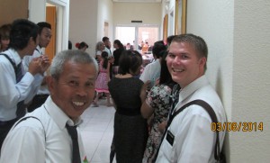 Elder Crocker happy to visit with others at church.